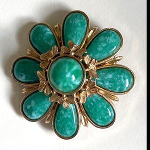 Vintage Peking Glass Cabochon Gold Tone Floral Flower Brooch Pin